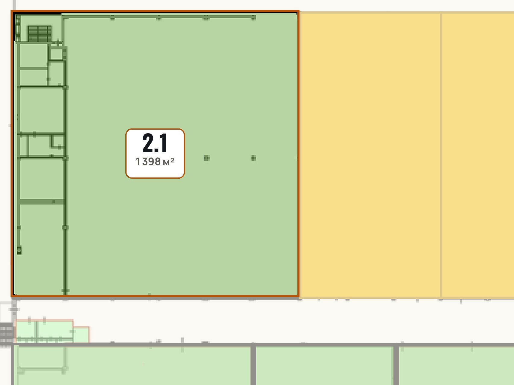 План блока 2.1, 1 398 м², на листе второго этажа